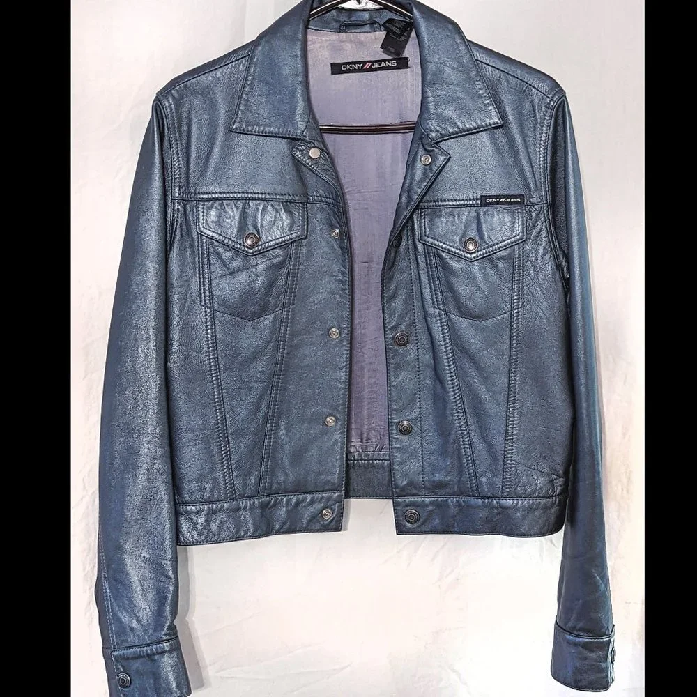 DKNY JEANS Size L *Metallic* Blue Gray L/S LEATHER Jacket, Lined & Denim-Style - Picture 1 of 5